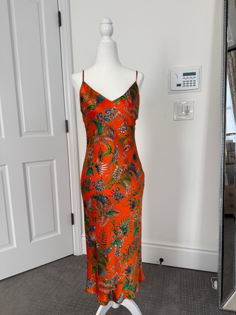 L'AGENCE Orange Tropical Slip Midi Dress